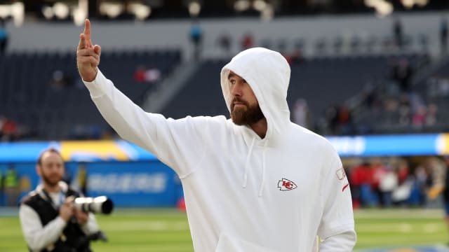 Jan 7, 2024; Inglewood, California, USA; Kansas City Chiefs tight end Travis Kelce (87) reacts to fans before the game against the Los Angeles Chargers at SoFi Stadium. Mandatory Credit: Kiyoshi Mio-USA TODAY Sports  